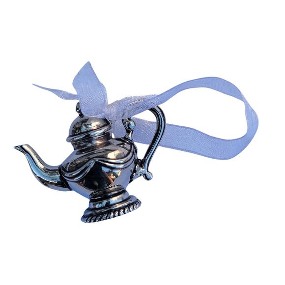 Vintage Silver Teapot Christmas Ornament with Ribbon Bow - Picture 2 of 10